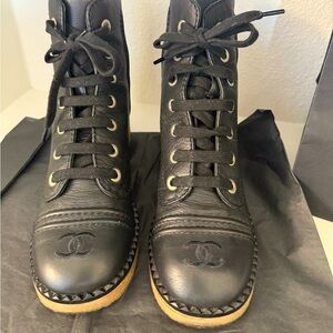 CHANEL Black Lace-Up Boots with Tan Soles